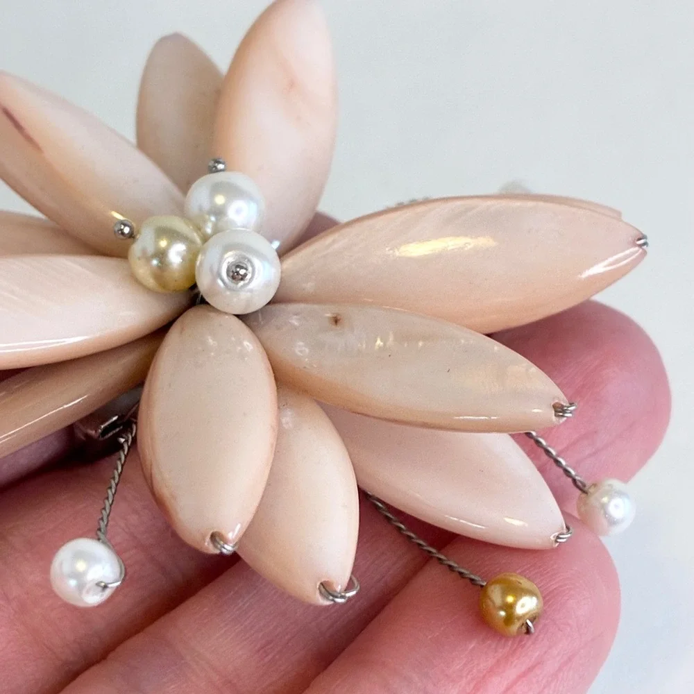 Vintage Flower Brooch Peach Carved Shell Faux Pearl Petal Statement Pin